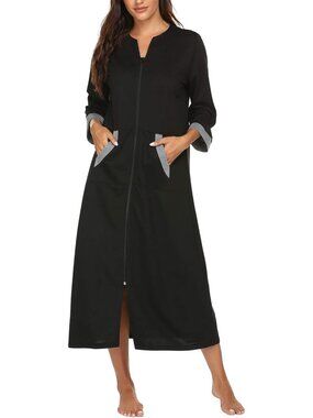 〽️Women's Bathrobe Black 3/4 Sleeves Zipper Loungewear Full Length Nightgown